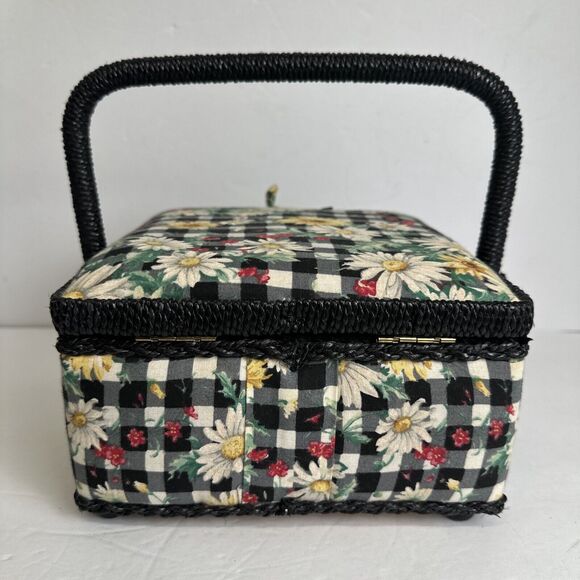 Sewing Box Basket Vintage Square Floral Design Padded w/ Handle - Picture 3 of 10